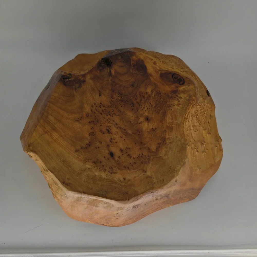 Live Edge Burl Wood Rustic Bowl Handcrafted Organic Turned Wood Art Signed JK